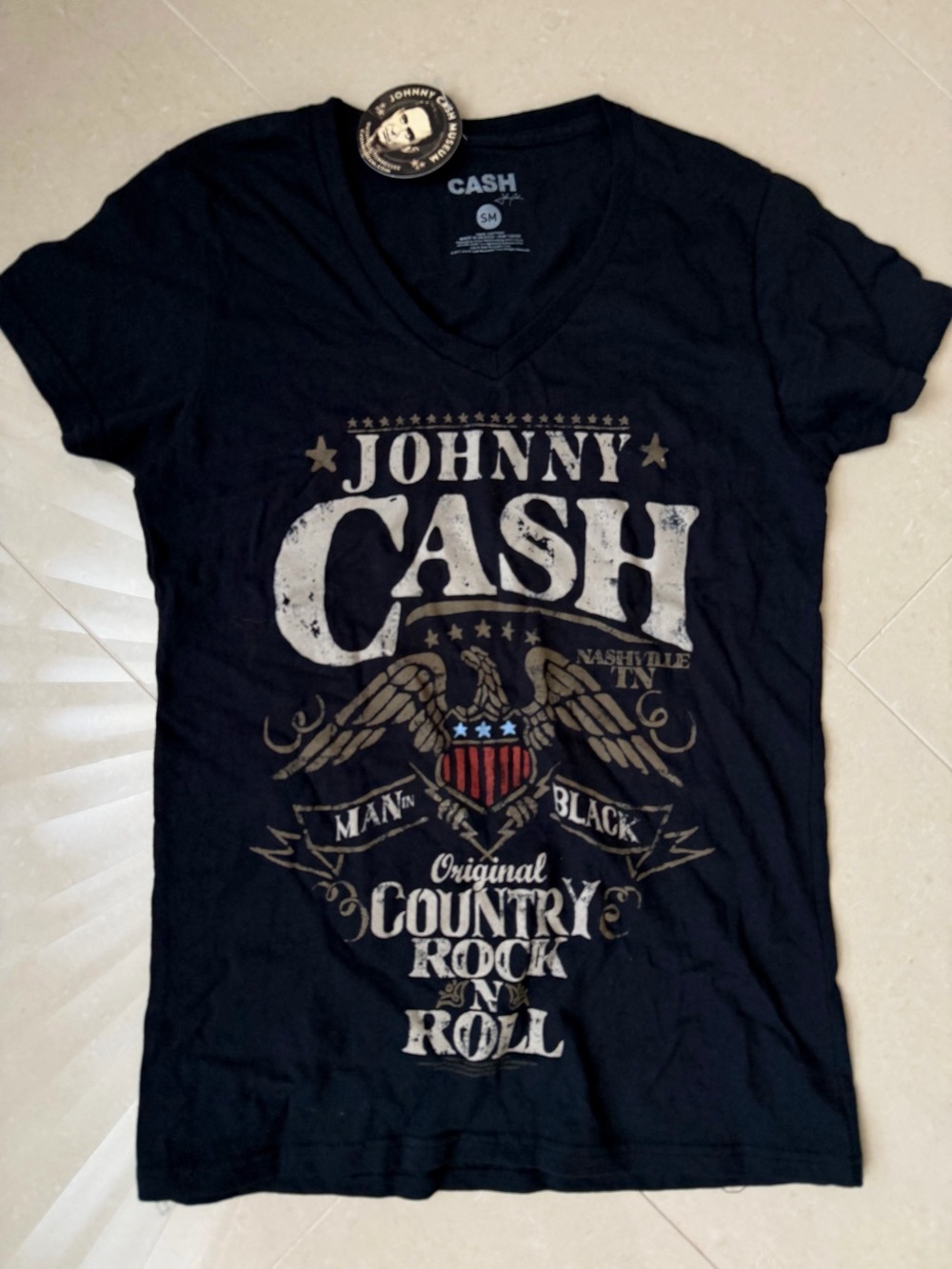 Johnny Cash Black Graphic V-Neck Fitted Tee